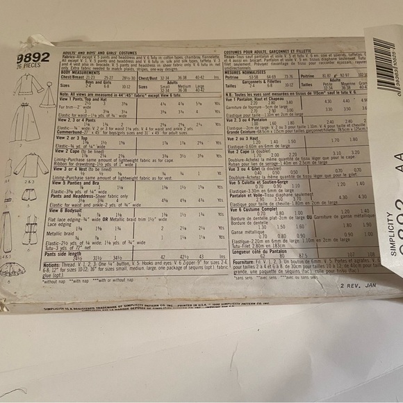 Simplicity 9892 Size AA Sm-Lg  Children Multiple Costume Project Pattern. - Picture 2 of 4